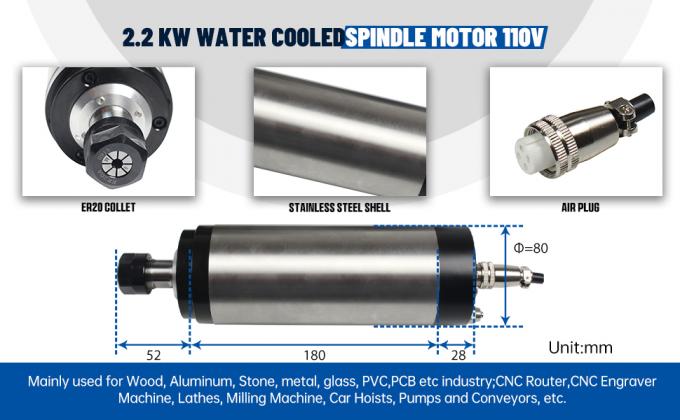 Водоохлаждаемый шпиндельный двигатель ER20 24000 вращений в минуту с зажимкой 80 мм 0